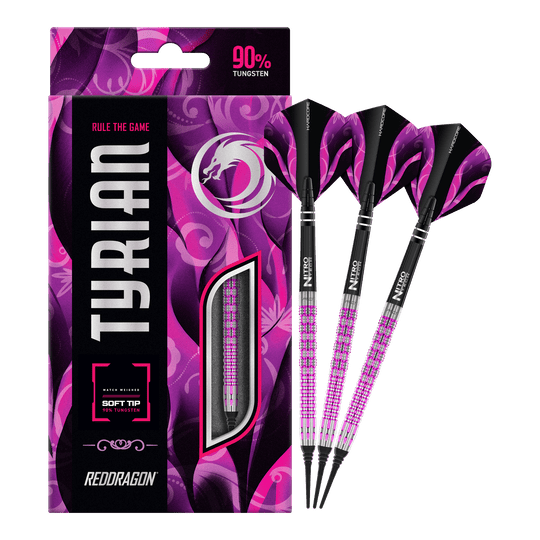 Red Dragon Tyrian Soft Darts - 22g Das Bild zeigt die Red Dragon Tyrian Softdarts - 22g mit einem auffälligen pink-schwarzen Design. Die Darts bestehen zu 90% aus Tungsten und werden in einer passenden Verpackung präsentiert.