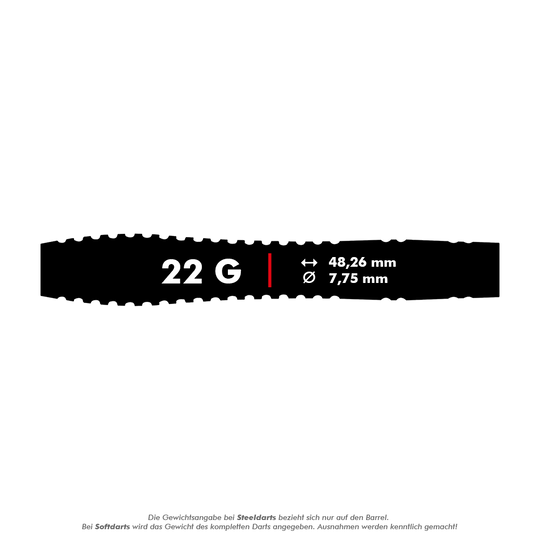 2452_Winmau_Dennis_Priestley_Special_Edition_Softdarts_5_22g Das Bild zeigt die Produktinformationen der "Winmau Dennis Priestley Special Edition Softdarts - 22g". Der Dart wiegt 22 Gramm, ist 48,26 mm lang und hat einen Durchmesser von 7,75 mm.