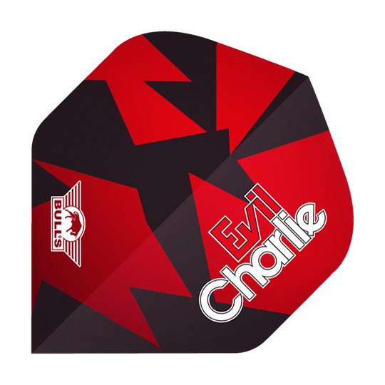 Das Bild zeigt ein Dartflight mit einem schwarzen und roten Zickzack-Design. Auf dem Flight steht "Evil Charlie" und das BULL'S Logo ist ebenfalls sichtbar.