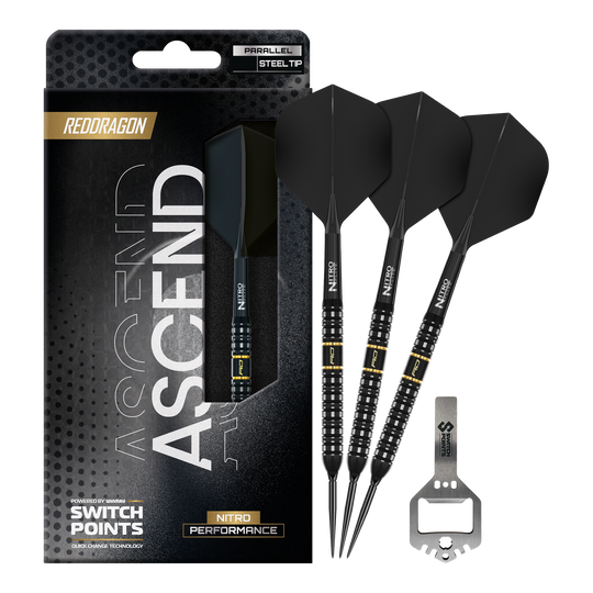 Das Bild präsentiert die Red Dragon Ascend Parallel Switch Point Steeldarts in voller Länge. Die Details des kompletten Darts sind gut erkennbar.