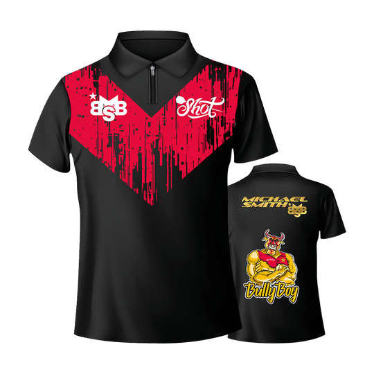 Shot Michael Smith Bully Boy Dartshirt Das Bild zeigt das "Shot Michael Smith Bully Boy Dartshirt" mit einem schwarzen Grund und auffälligem roten Muster auf der Vorderseite. Auf der Rückseite sind ein Cartoon-Bulle, der Schriftzug "Bully Boy" und der Name "Michael Smith" abgebildet.