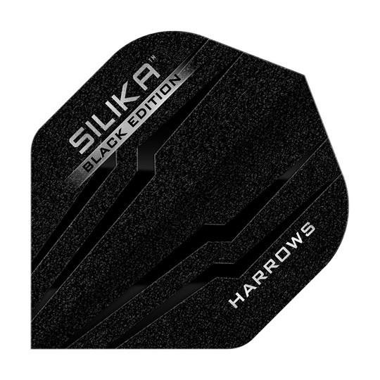 Harrows Silika Black Edition No2 Standard Flights Das Bild zeigt das Produkt "Harrows Silika Black-Edition No2 Standard Flights". Das Flight ist schwarz mit silbernen Akzenten und markanten Schriftzügen.