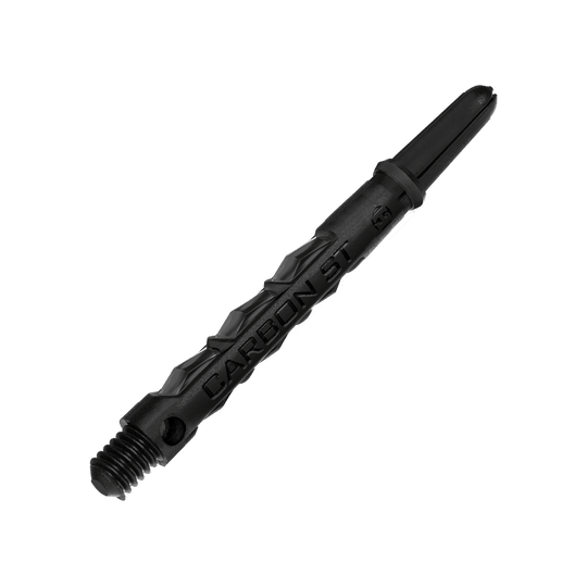 Das Bild zeigt einen schwarzen Harrows Carbon ST Shaft. Der Schaft ist aus robustem Material gefertigt und besitzt eine geriffelte Struktur.