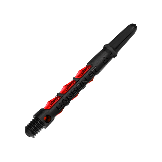 Das Bild zeigt einen Harrows Carbon ST Shafts in der Farbe Rot. Der Schaft besteht aus schwarzem Material mit auffälligen roten Akzenten.