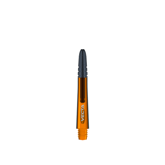 7025-110_Winmau_Vecta_Shafts_Orange_40mm_1wZCko09Lf6WbJ Das Bild zeigt einen orangefarbenen Winmau Vecta Shaft mit einer Länge von 37 mm. Der Shaft hat ein schwarzes Spitzenende und das Wort "Vecta" ist darauf zu sehen.