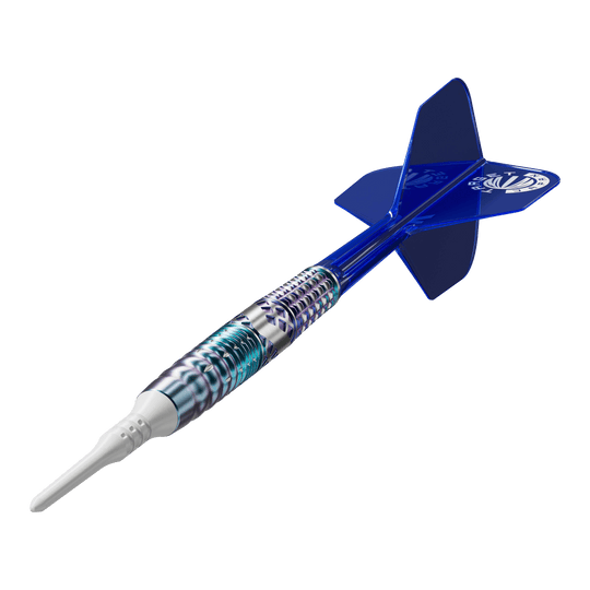Target Japan Cathy Leung Charis GEN5 Soft Darts - 19g Das Bild zeigt einen Softdart mit einem silber-blauen, metallischen Schaft und einer weißen Spitze. Die Flights am Ende des Darts sind blau und tragen ein weißes Logo.