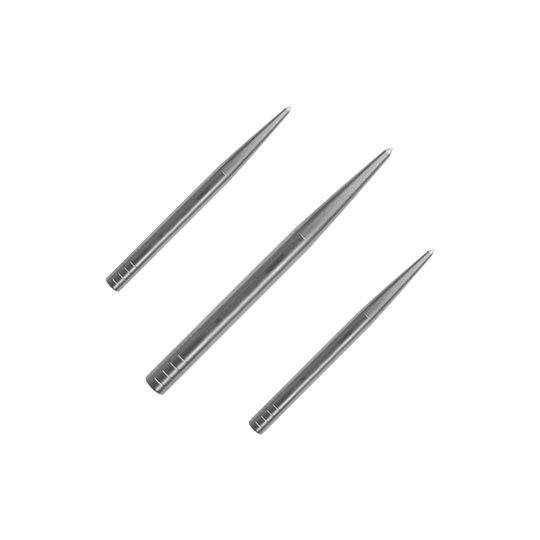 Condor Beak Point Without Cut dart tips Auf dem Bild sind drei silberne Dartspitzen zu sehen. Sie sind spitz zulaufend und aus Metall gefertigt.