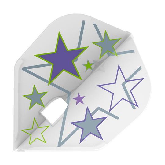 Das Bild zeigt einen weißen Dartflug mit mehreren bunten Sternen in Lila, Grau und Grün als Design. Es handelt sich um das Produkt "L-Style Ryan Murray V1 White L3PRO Flights".