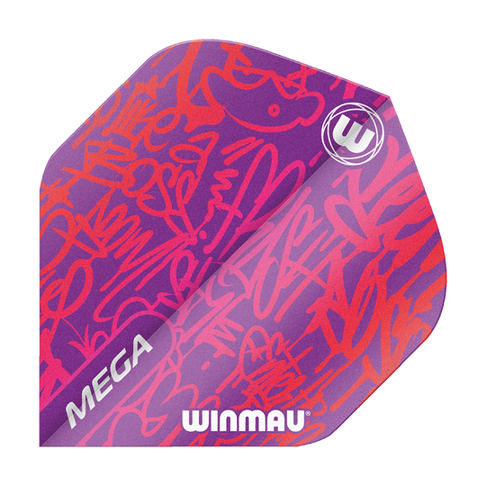 6900-242_Winmau_Mega_Red_Standard_Flights_1 Das Bild zeigt ein Dartflight mit dem Namen "Winmau Mega Red Standard Flights". Das Flight ist überwiegend lila mit roten Graffiti-Mustern und den weißen Aufschriften "MEGA" und "WINMAU".