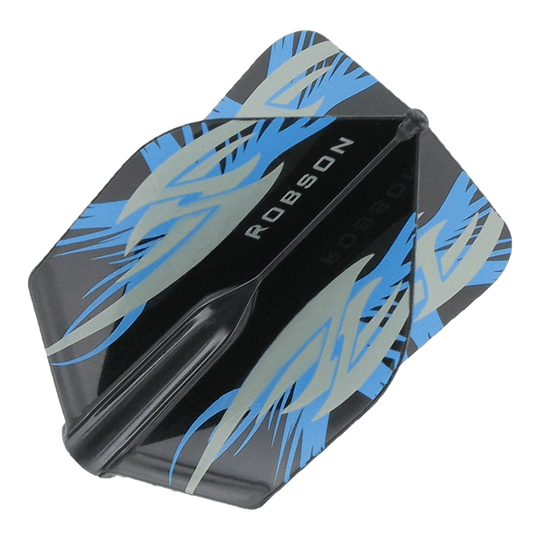 Das Bild zeigt ein schwarzes Dart-Flight mit blauen und grauen Mustern. In der Mitte steht das Wort "ROBSON" in weißen Buchstaben.