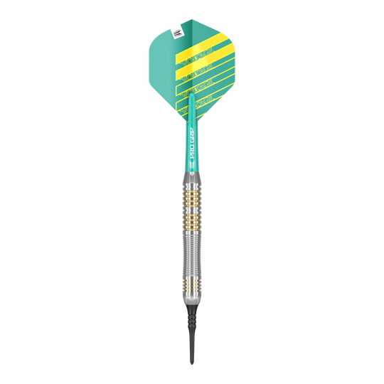 Target Rob Cross Brass Soft Darts - 18g Das Bild zeigt einen Softdart der Marke "Target Rob Cross Brass Softdarts - 18g". Der Dart hat eine grün-gelbe Flight und einen silber-goldenen Schaft.