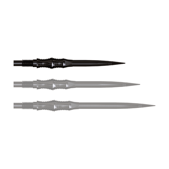 Apex Spire Black Elite Serie Dartspitzen in 30mm sind abgebildet. Die Spitzen sind schmal und schwarz.
