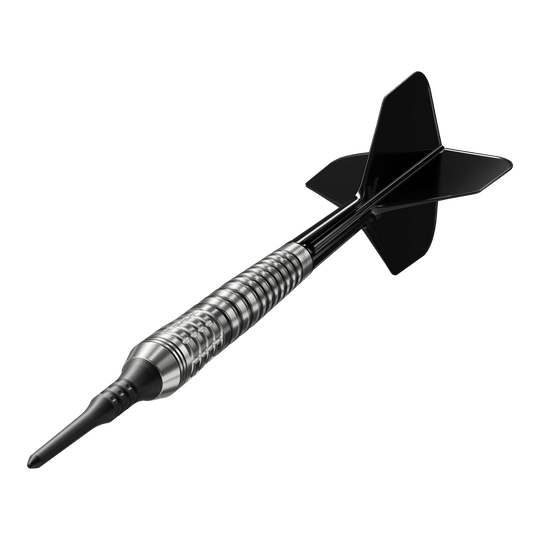 Target Japan Black Marque Renegade 4 Softdarts - 19g Das Bild zeigt einen Softdartpfeil mit schwarzer Spitze und schwarzen Flights. Es handelt sich um das Modell "Target Japan Black Marque Renegade 4 Softdarts - 19g".