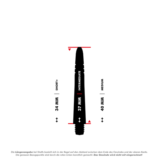 7025_Winmau_Vecta_Shafts_5_37mm Das Bild zeigt einen Winmau Vecta Shaft mit einer Länge von 37 mm in der Ausführung "Intermediate". Es werden außerdem die Längen "Short+" mit 34 mm und "Medium" mit 40 mm zum Vergleich angezeigt.