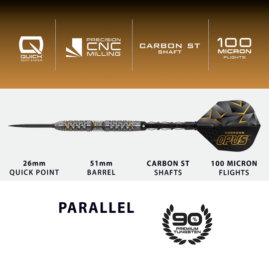 Das Bild präsentiert die Harrows Opus Quick Point Steeldarts - 23g. Sie zeichnen sich durch ihre hochwertige Verarbeitung aus.