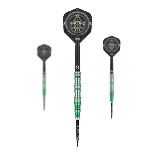 Shot Alchemy Mythril steel darts Abgebildet ist ein Set Shot Alchemy Mythril Steeldarts. Dies sind hochwertige Steeldarts für den professionellen Einsatz.
