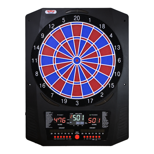 Das Bild zeigt das Bulls NL Universum Pro Light Elektronisches Dartboard in Blau und Rot. Es handelt sich um ein elektronisches Dartboard für präzises Spielen.