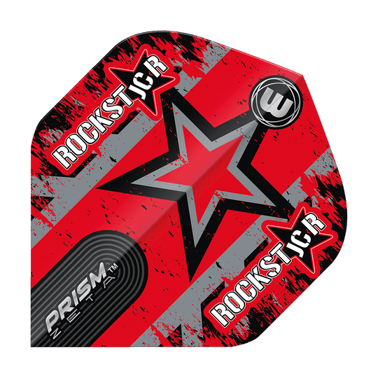 6915-319_Winmau_Prism_Zeta_Joe_Cullen_Star_Standard_Flights_1sa5zk396VgBsJ Das Bild zeigt ein Dartflight mit einem auffälligen roten Stern-Design und dem Schriftzug "ROCKSTAR". Unten links steht "PRISM ZETA" in weißer Schrift auf einem schwarzen Hintergrund.