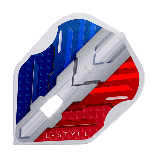 L-Style V-Series V1 Type B France Clear White L3PRO Flights Das Bild zeigt das Produkt "L-Style V-Series V1 Type B France Clear White L3PRO Flights". Die Dart-Flight ist in den Farben Blau, Weiß und Rot gestaltet und trägt die Aufschrift "L-STYLE".