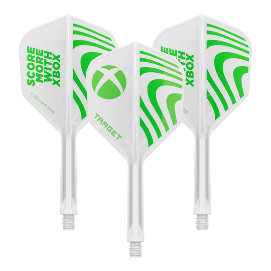 Abgebildet ist vermutlich ein Set Target Xbox KFlex No6 Flights in der Größe 26mm. Es handelt sich um Zubehör für Dartpfeile.