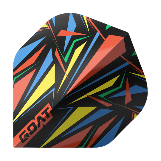 GOAT Athlete Red No2 Standard Flights Das Bild zeigt ein Dart-Flight mit einem bunten, geometrischen Muster in Rot, Gelb, Blau und Grün. In der Ecke steht das Wort „GOAT“ in roten Buchstaben.