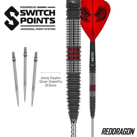 Abgebildet sind Red Dragon Jonny Clayton Hireath Switch Point Steeldarts. Diese Darts überzeugen durch ihre spezielle Form und hohe Qualität.