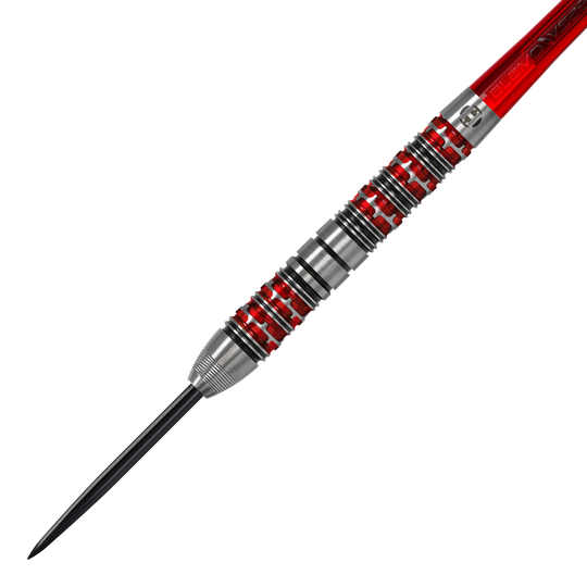 Harrow's Damon Heta Series 3 steel darts Das Bild zeigt einen Harrows Damon Heta Series 3 Steeldart. Der Dartpfeil hat ein silbernes Barrel mit roten und schwarzen Akzenten.