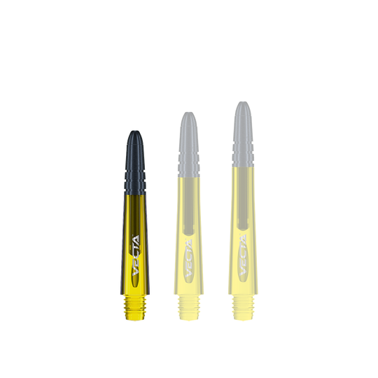 7025-106_Winmau_Vecta_Shafts_Gelb_34mm_1TzRYGOTg2Usas Das Bild zeigt drei gelbe Winmau Vecta Shafts in unterschiedlichen Längen. Die Schäfte haben schwarze Spitzen und sind mit dem Schriftzug "Vecta" versehen.