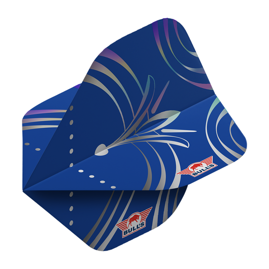 Das Bild zeigt einen blauen Dartflug mit silbernen Linien und Mustern. In der Ecke ist das rote Bulls NL-Logo zu sehen.