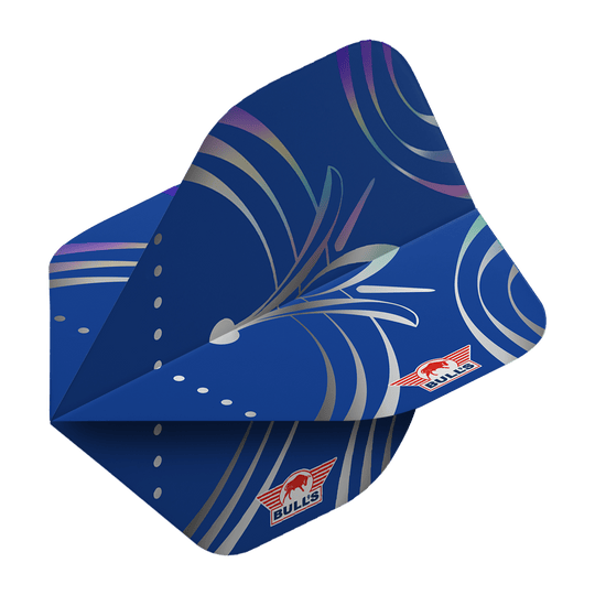 Bulls NL Series 100 Silvian No2 Standard Flights Das Bild zeigt einen blauen Dartflug mit silbernen Linien und Mustern. In der Ecke ist das rote Bulls NL-Logo zu sehen.