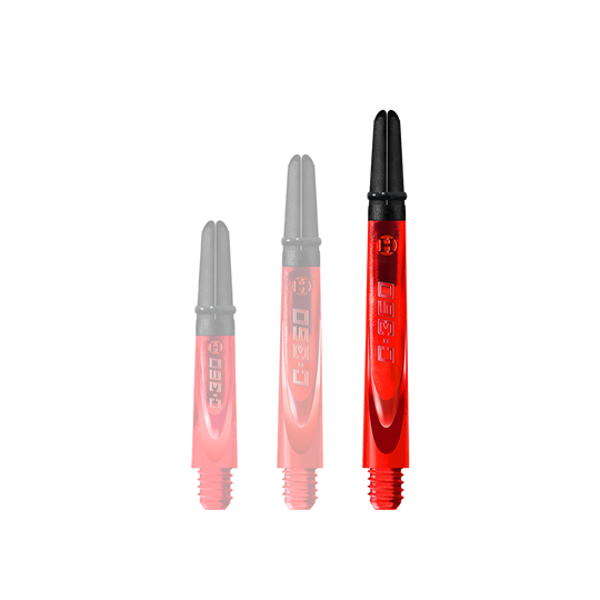 HR457_Harrows_Carbon_360_Shafts_Rot_49mm_1 Auf dem Bild sind drei rote Dartschäfte in unterschiedlichen Längen zu sehen. Sie haben schwarze Enden und die Aufschrift "C-360" auf der Seite.