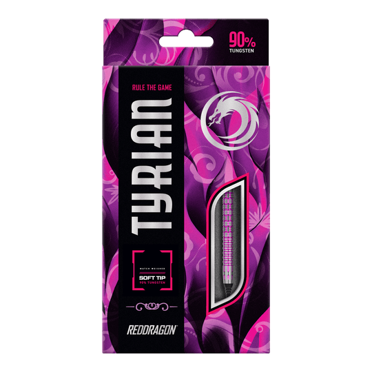 Red Dragon Tyrian Soft Darts - 22g Die Abbildung zeigt die Verpackung der "Red Dragon Tyrian Softdarts - 22g". Die Schachtel ist lila und pink gestaltet und hebt hervor, dass die Darts zu 90 % aus Wolfram bestehen.