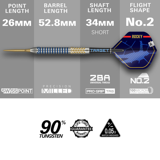 Target Josh Rock GEN1 Swiss Point Steel Darts Das Bild zeigt den Target Josh Rock GEN1 Swiss Point Steeldart mit verschiedenen technischen Daten. Der Dart besteht zu 90 % aus Tungsten und hat eine lebenslange Garantie auf das Barrel.