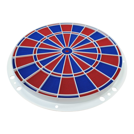 Löwen Dart spare parts 82 segment and spider set Das Bild zeigt ein rundes Dart-Segment- und Spider-Set in den Farben Blau und Rot. Es handelt sich um ein Ersatzteil für elektronische Dartscheiben, Modell Löwen Dart 82er.