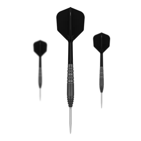 Target Japan Black Marque Phantom Swiss Point Steel Darts Das Bild zeigt drei schwarze Steeldarts mit silbernen Spitzen, die von vorne dargestellt sind. Es handelt sich um das Produkt "Target Japan Black Marque Phantom Swiss Point Steeldarts".
