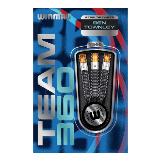 Das Bild zeigt die Winmau Team 360 Ben Townley Steeldarts - 23g Darts. Diese Darts sind speziell für professionelle Spieler entworfen.