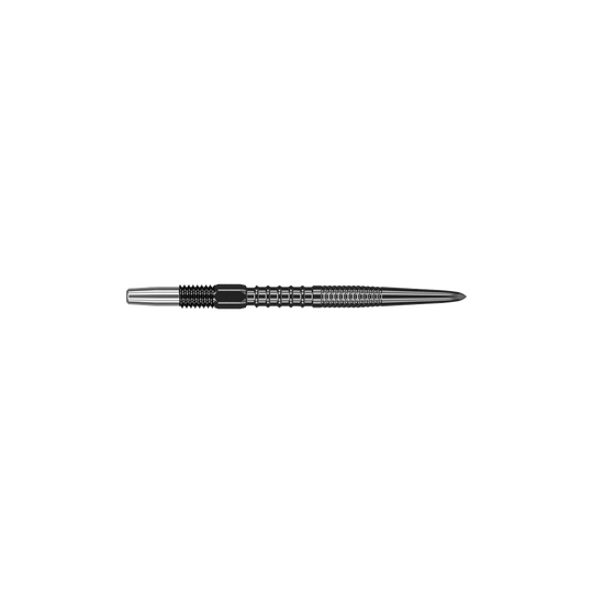 Target Swiss Firepoint Black dart tips Das Bild zeigt eine schwarze Dartspitze mit geriffeltem Griff. Sie ist schlank und weist eine Länge von etwa 26 mm auf.