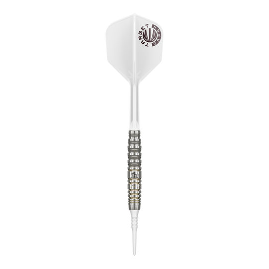 Das Bild zeigt einen Softdart der Serie "Target Japan Prime Series Mayujo Morita GEN6" mit einem Gewicht von 18g. Der Dart hat eine weiße Flight mit Logo und einen silberfarbenen, fein gerillten Barrel.
