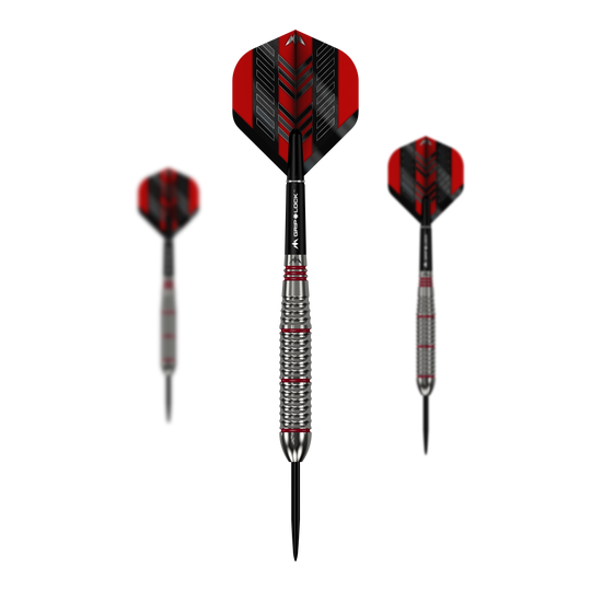 Mission Rogue Brass Steel Darts - 22g Das Bild zeigt drei Mission Rogue Brass Steeldarts mit einem Gewicht von 22g. Die Darts haben rote und schwarze Flights sowie silberne, gerillte Barrels.