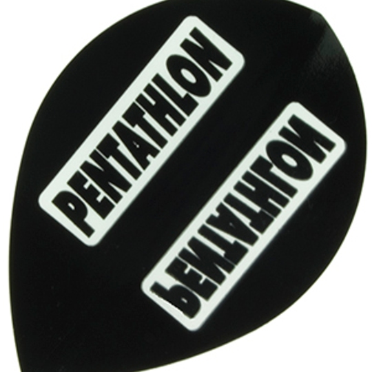 p54 Das Bild zeigt ein schwarzes Dart-Flight mit der Aufschrift "PENTATHLON" in weißem Kasten. Es handelt sich um das Produkt "Pentathlon Flights P54".