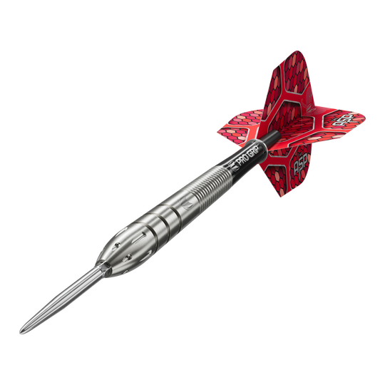 Target Nathan Aspinall GEN1 Swiss Point steel darts Auf dem Bild ist ein Target Nathan Aspinall GEN1 Swiss Point Steeldart zu sehen. Der Dartpfeil hat einen silbernen Schaft und rote Flights mit Wabenmuster.