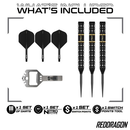 Hier sind die Red Dragon Ascend Parallel Switch Point Steeldarts zu sehen. Sie verfügen über eine parallele Form und wechselbare Spitzen.