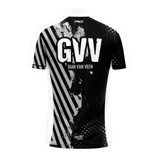 Red Dragon Gian Van Veen Limited Edition Dartshirt präsentiert sich auf dem Bild. Das Dartshirt ist eine exklusive Sonderedition.