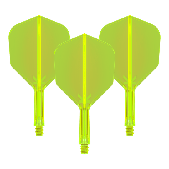 Target K-Flex No6 Flight System - Neon Yellow Das Bild zeigt drei neongelbe Dartflights mit integrierten Schäften. Sie sind nebeneinander angeordnet und auf schwarzem Hintergrund zu sehen.