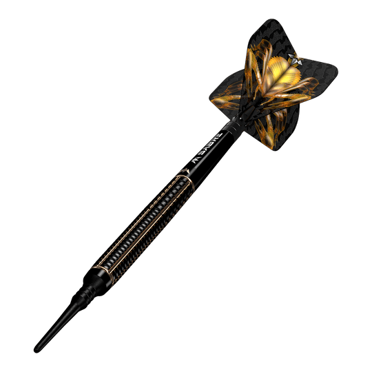 Mission Scorpion soft darts - 19g Das Bild zeigt einen Mission Scorpion Softdart mit einem Gewicht von 19 Gramm. Der Dartpfeil ist schwarz-gold gestaltet und hat ein auffälliges Flight-Design.