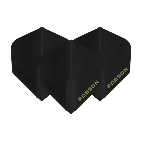 Das Bild zeigt drei schwarze Robson Plus Dimple Flights für Dartpfeile. Auf den Flights steht der Schriftzug "ROBSON" in heller Farbe.