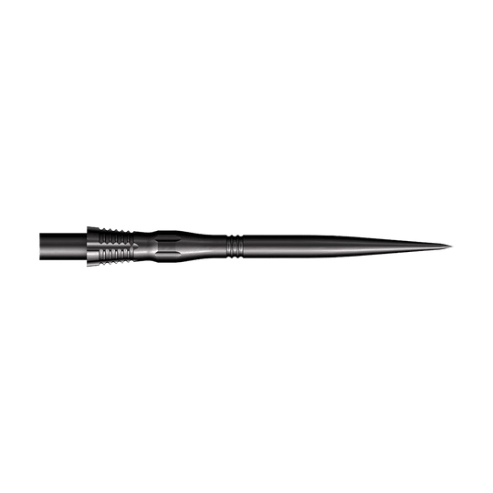 Das Bild zeigt eine schwarze Steeldart-Spitze mit dem Namen "Shot Cone Scallop". Die Spitze ist 35 mm lang und hat eine schlanke, gezackte Form.