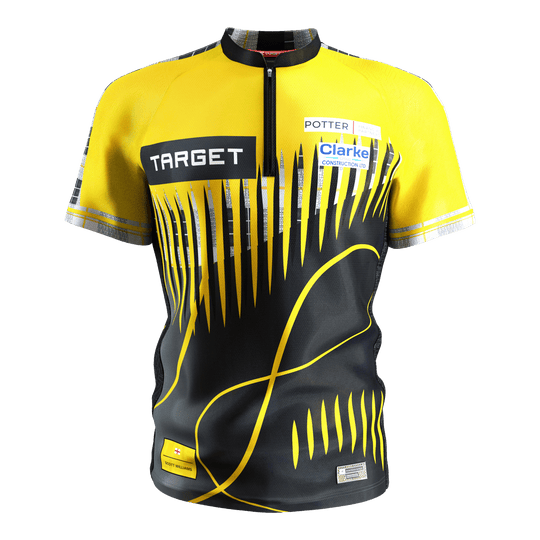 Target Coolplay Scott Williams 2025 dart shirt Das Bild zeigt ein Dartshirt in den Farben Gelb und Schwarz mit auffälligem modernem Muster. Auf dem Shirt sind mehrere Sponsorenlogos, darunter "TARGET", zu sehen.