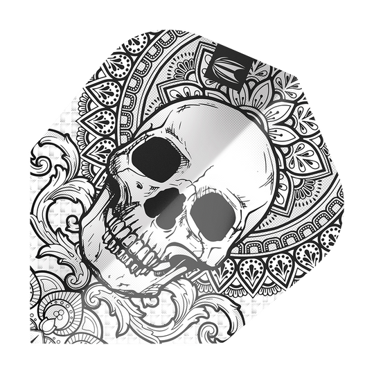 Dieses Bild zeigt das Produkt "Target ProUltra Ink Grey No6 Flights". Auf dem Flight ist ein detailreich gezeichneter Totenkopf mit ornamentalen Mustern abgebildet.