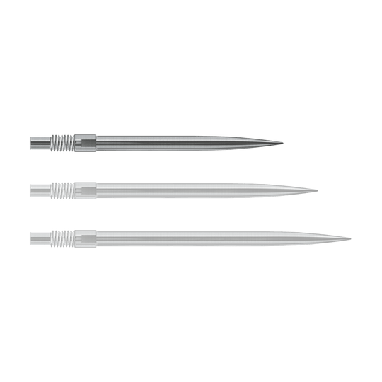 Harrows Quick Point Dart Tips - Silver Abgebildet sind Harrows QuickPoint Dartspitzen in Silber, 30mm lang. Das Foto stellt das Produkt aus einer anderen Perspektive dar.